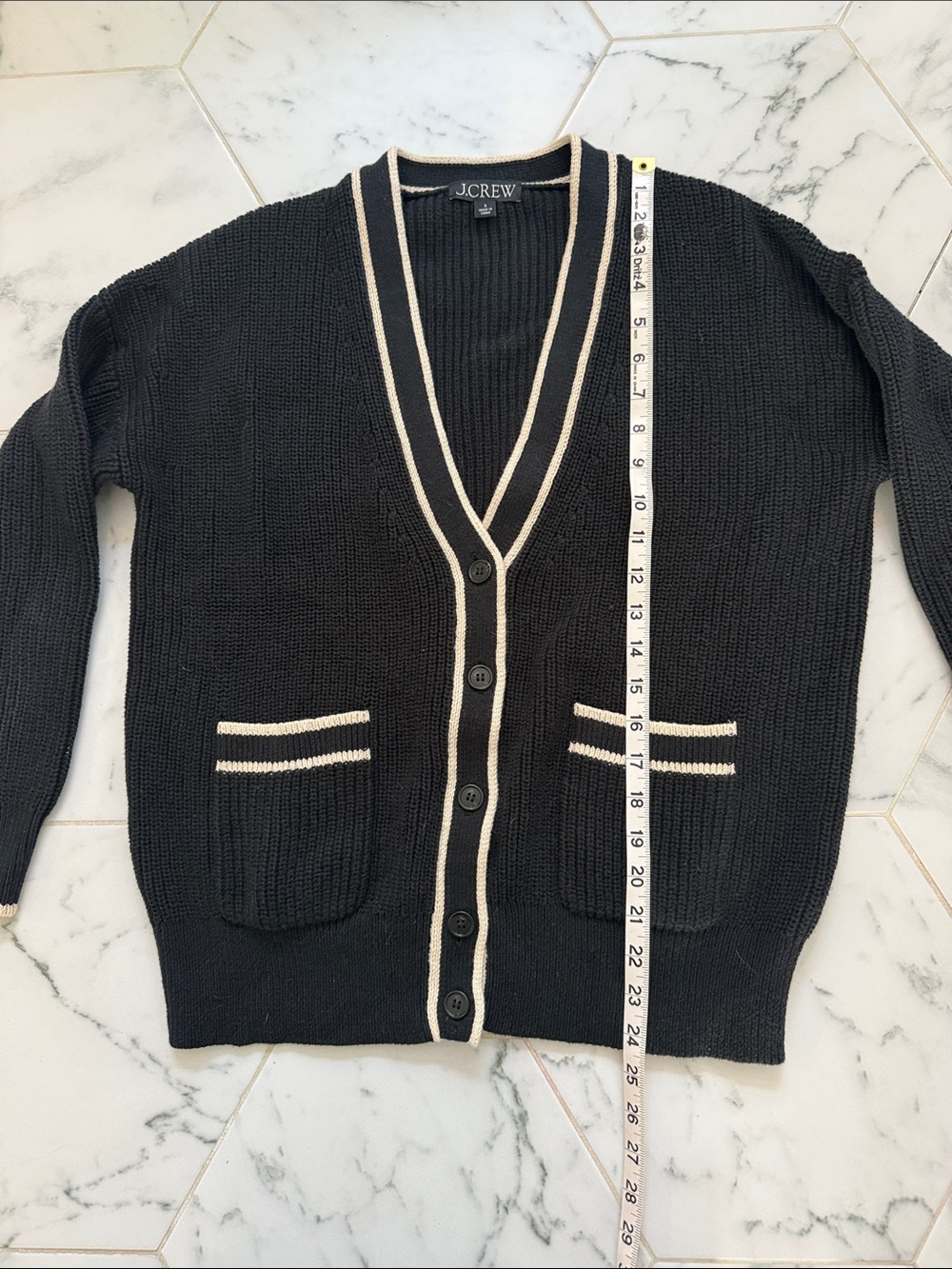 J. Crew Black Cardigan with Cream Trim and Pocket Stripes - Picture 4 of 6